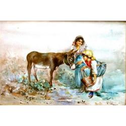 Large gilt framed watercolour of young Continental girls feeding donkey, A. Selisio?, Napoli, 42c…