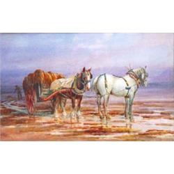 Framed watercolour of 'Horse and Carts on a Beach', J.M. Hilson, 28cm x 42cm…