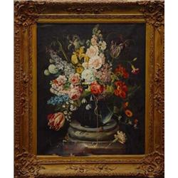 Large gilt framed oil onto canvas of still life flowers in a vase, E.M. Sweeting, 58cm x 48cm…