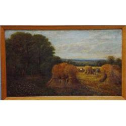 Framed oil onto canvas 'Harvesting the Corn' with wheatsheaves, people and trees amongst the fiel…