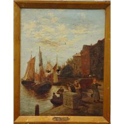 Gilt framed oil onto canvas of fisherfolk beside the wharf, A. Houm?, 50cm x 35cm…