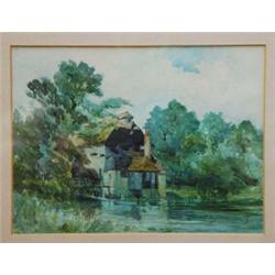 Well detailed watercolour of trees and a watermill beside a lake, John Cash, 1901, 22cm x 28cm…