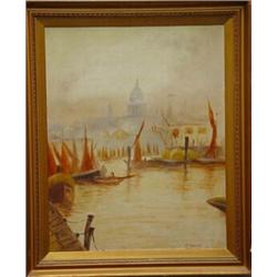 Abstract gilt framed oil onto board of St Pauls Cathedral by the River Thames, B. Pumfaey, 11?, a…