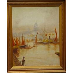 Abstract gilt framed oil onto board of St Pauls Cathedral by the River Thames, B. Pumfaey, 11?, a…