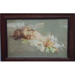 Edwardian coloured framed print in oak frame 'Young Girl Sweetheart', copyright 1905 by Phillip B…