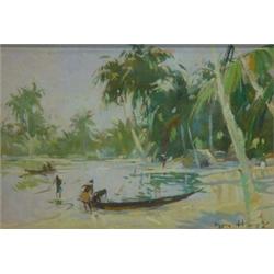 Framed watercolour 'African Coastline' with people in boats, Huze, 19cm x 12cm…