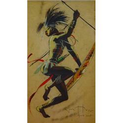 Framed African watercolour of a Zulu, Huze, 30cm x 15cm…