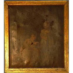 Gilt framed oil onto canvas of two young girls, one in barefeet, 34cm x 30cm…