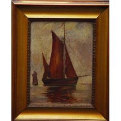 Gilt framed oil onto board of a red masted fishing boat, 26cm x 20cm…