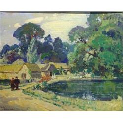 Framed abstract oil on canvas 'People Beside Lake With Houses', L. Richmond, 49cm x 59cm…