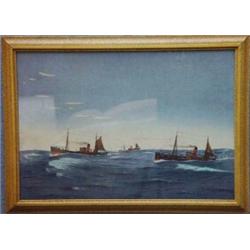 Framed watercolour of fishing boats in a choppy sea, M.A. Letot?, 30cm x 35cm…