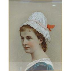 Over painted photographic portrait of a young maiden wearing a white lace hat, 36cm x 28cm…