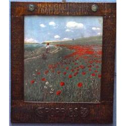 Large framed print of poppies in an Arts and Crafts copper frame inset with plaques, 65cm x 25cm…