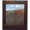 Image 1 : Large framed print of poppies in an Arts and Crafts copper frame inset with plaques, 65cm x 25cm…