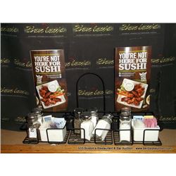 LOT: MENU HOLDER W/ SALT AND PEPPER SHAKERS 3X THE MONEY