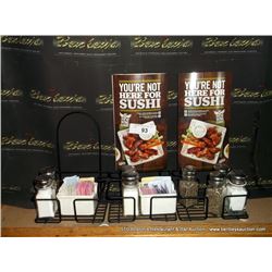 LOT: MENU HOLDER W/ SALT AND PEPPER SHAKERS 3X THE MONEY