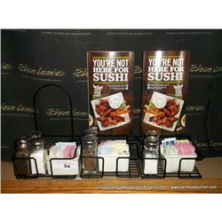 LOT: MENU HOLDER W/ SALT AND PEPPER SHAKERS 3X THE MONEY
