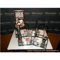 LOT: MENU HOLDER W/ SALT AND PEPPER SUGAR HOLDERS 4X THE MONEY