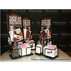 LOT: MENU HOLDER W/ SALT AND PEPPER SUGAR HOLDERS 4X THE MONEY