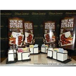 LOT: MENU HOLDER W/ SALT AND PEPPER SUGAR HOLDERS 4X THE MONEY