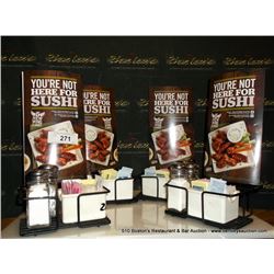 LOT: MENU HOLDER W/ SALT AND PEPPER SUGAR HOLDERS 4X THE MONEY