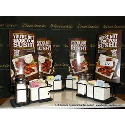 LOT: MENU HOLDER W/ SALT AND PEPPER SUGAR HOLDERS 4X THE MONEY
