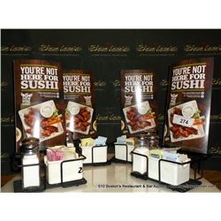 LOT: MENU HOLDER W/ SALT AND PEPPER SUGAR HOLDERS 4X THE MONEY