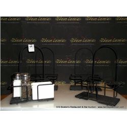 LOT: MENU HOLDER W/ SALT AND PEPPER SUGAR HOLDERS 4X THE MONEY
