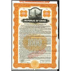 Republic of China, 1919, $1000 I/U Bond with addition of  May 1, 1939 page of 32 new coupons.