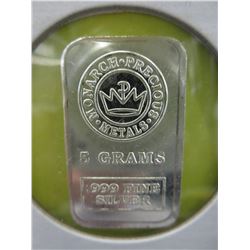 .999 Silver 5 gram Monarch Mint bar