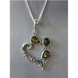 Sterling Silver & Green Amber heart necklace