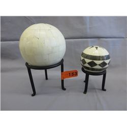 2 Stone & wood mosaic orbs on stands