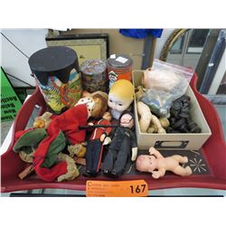 Vintage wood tray & contents