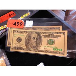 2 Gold foil US $100 novelty bills