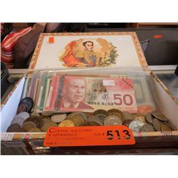 Cigar box of world coins, tokens & novelty bills