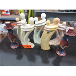 5 Carved stone statuettes & 2 candle holders