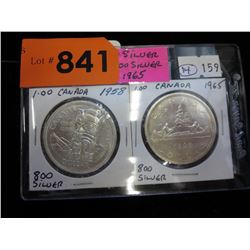 2 Canadian Silver Dollar coins - 1958 & 1965