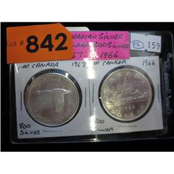 2 Canadian Silver Dollar coins - 1966 & 1967