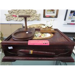 Wood cigar box and 2 pipe stands