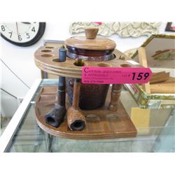 Vintage pipe rack with glass humidor & 2 pipes