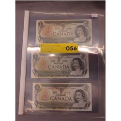 3 Uncirculated old Canadian $1 bills