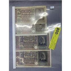 4 WWII Nazi German Reichsmark Bills