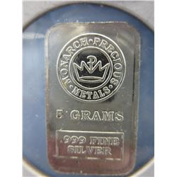 5 Gram .999 Silver Monarch Mint Investor's bar