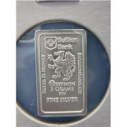 5 Gram .999 Silver 2015 Suisse Mint Gryphon bar