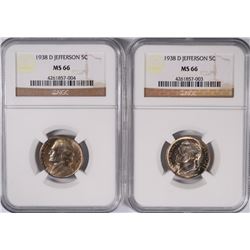 LOT OF ( 2 ) 1938-D JEFFERSON NICKELS, NGC  MS-66