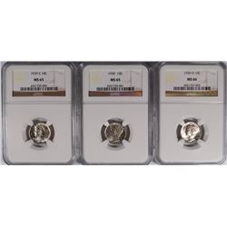 1939 P,D,S MERCURY DIMES, (1) NGC MS 66 & (2) NGC MS 65