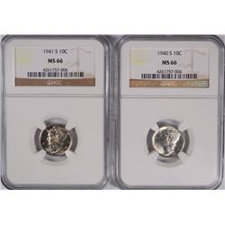 1940-S & 1941-S MERCURY DIMES, BOTH NGC MS-66