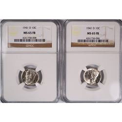 ( 2 ) 1941-D MERCURY DIMES, NGC MS-65 FULL BANDS