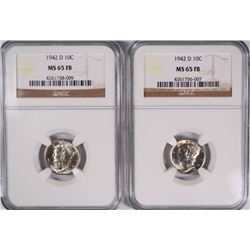 ( 2 ) 1942-D MERCURY DIMES, NGC MS-65 FULL BANDS