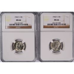 ( 2 ) 1942-S MERCURY DIMES, NGC MS-66